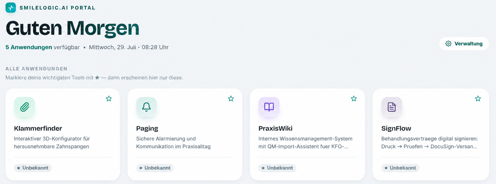 SmileLogic.ai Portal mit Übersicht aller Anwendungen